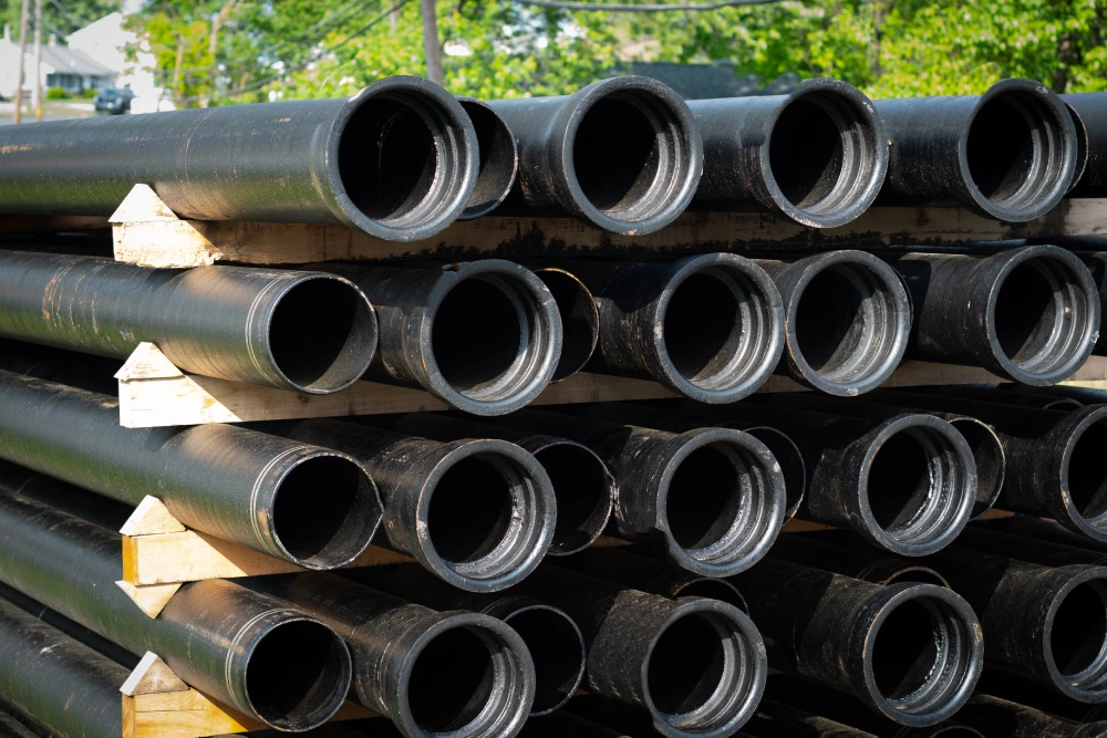 A neatly stacked pile of large black cast iron pipes resting on wooden supports in an outdoor storage area.