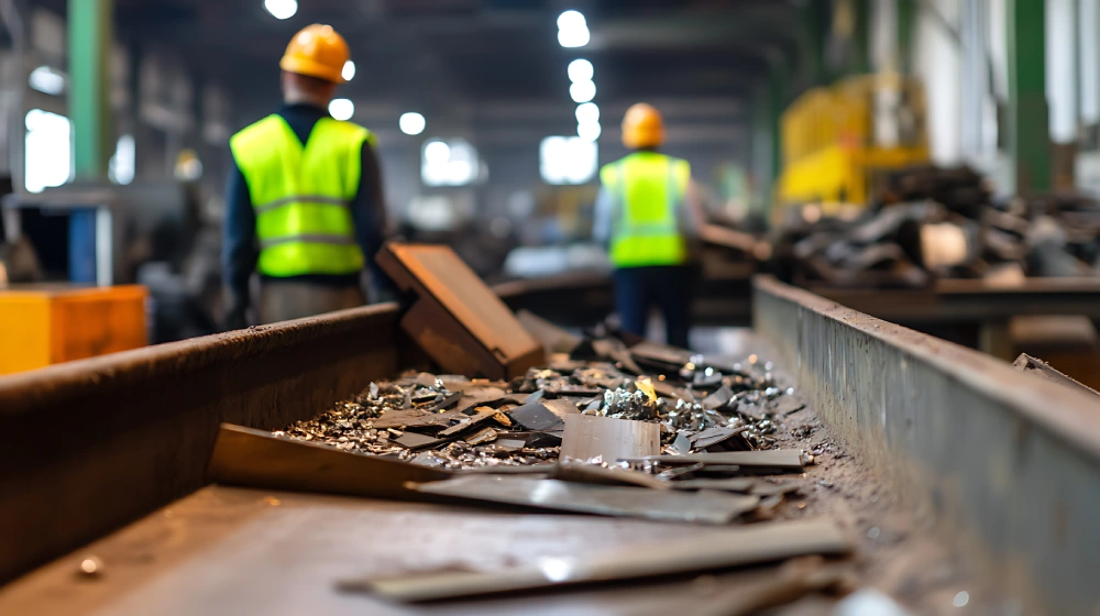 Scrap metal fragments moving along a conveyor belt at a recycling facility with workers in the background.