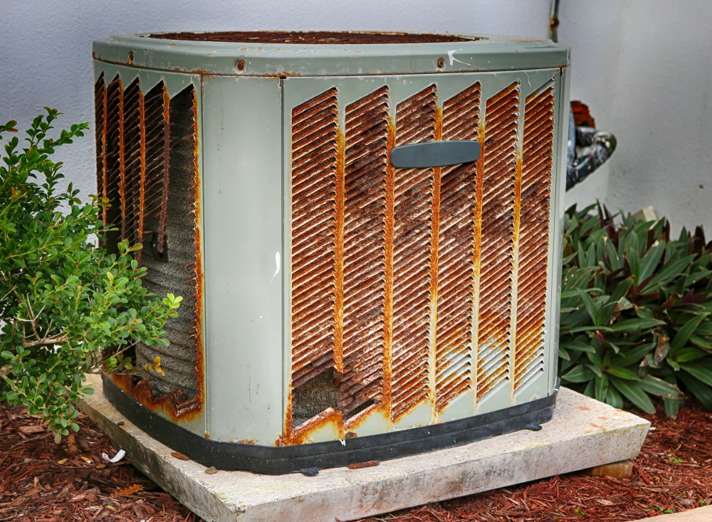 A heavily rusted and damaged outdoor air conditioning condenser unit sitting on a concrete pad in a garden.