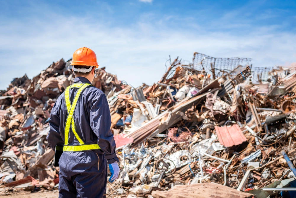 A worker in a hard hat and safety vest overlooks a large pile of recycled scrap metal at a salvage yard under a blue sky.