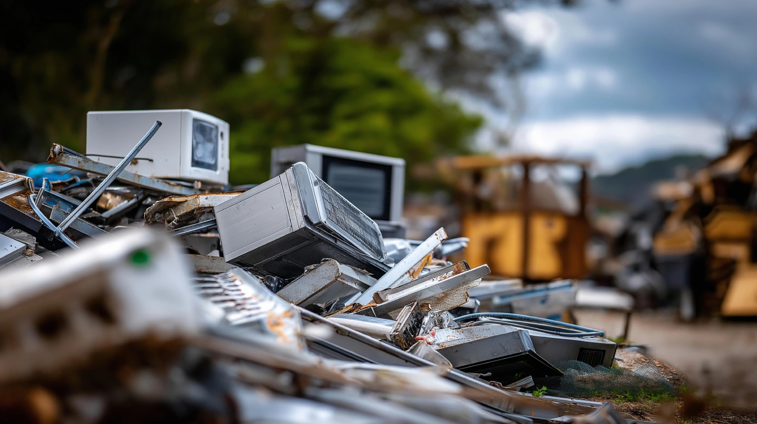 A variety of discarded electronic appliances and metal scrap piled at a recycling center with industrial equipment in the background.